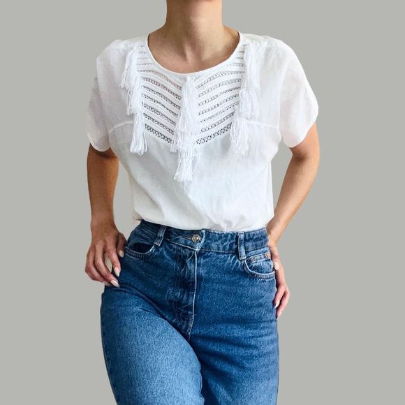 Figue Tops - NWOT Figue Short Sleeve Tasselled Cotton Blouse White Size Large